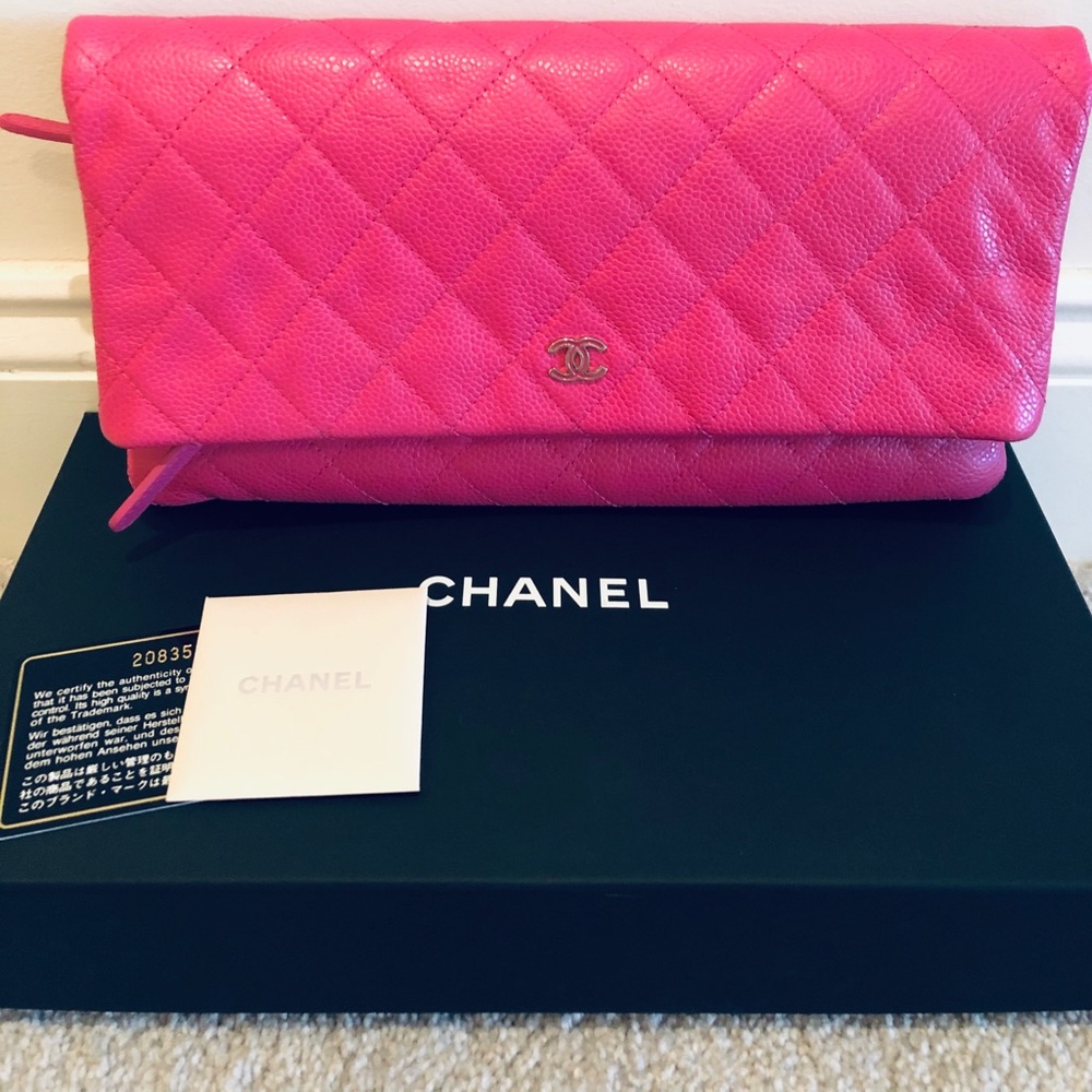 Chanel Fold-over Leather Clutch in Pink Fuchsia